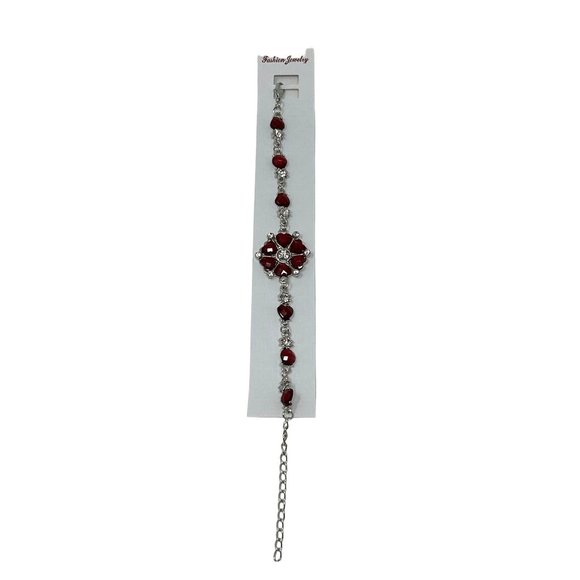 Charming Charlie Bracelet - Silver Plated Chain, Faux Garnet Stones and Rhinesto - Picture 3 of 5